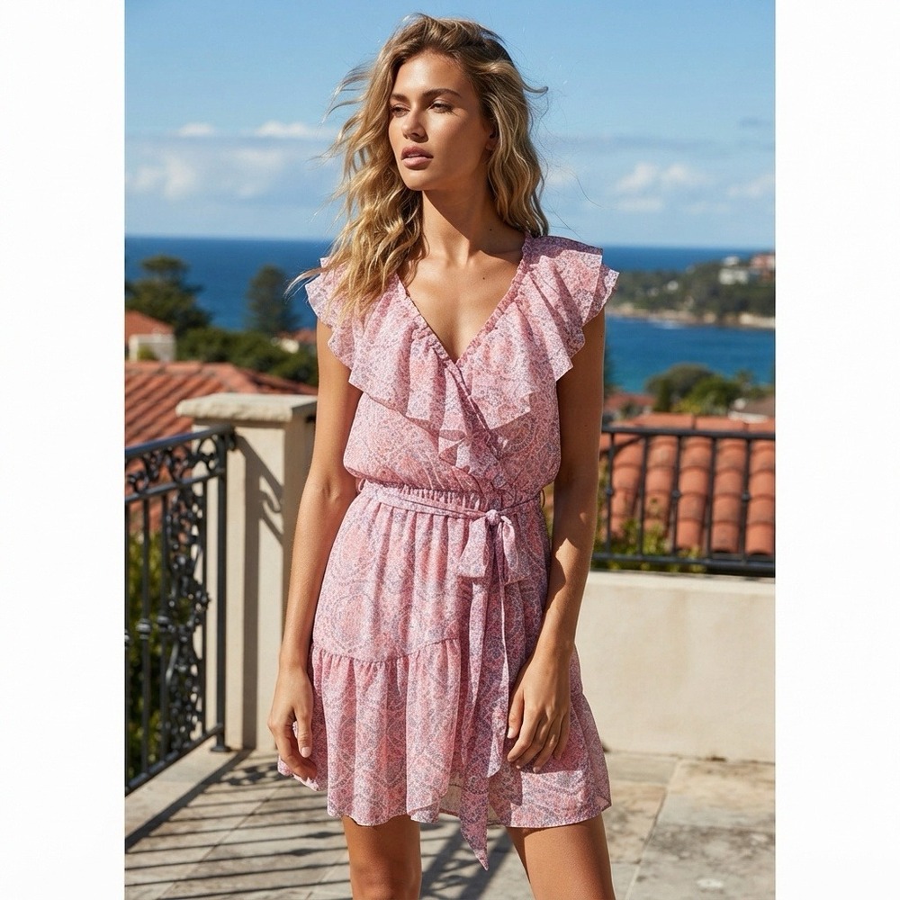 LC Lauren Pink Floral Ruffle Mini Dress Metallic Accents Med Fairy Cottagecore